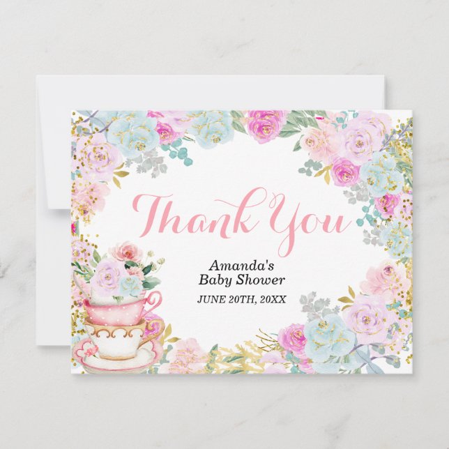 Carte De Remerciements Pastel Floral Tea Party Gold Parties scintillant M (Devant)