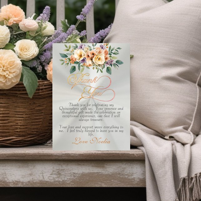 Carte De Remerciements Pastel Green - Floral & Silver Tiara Quinceanera (Créateur téléchargé)