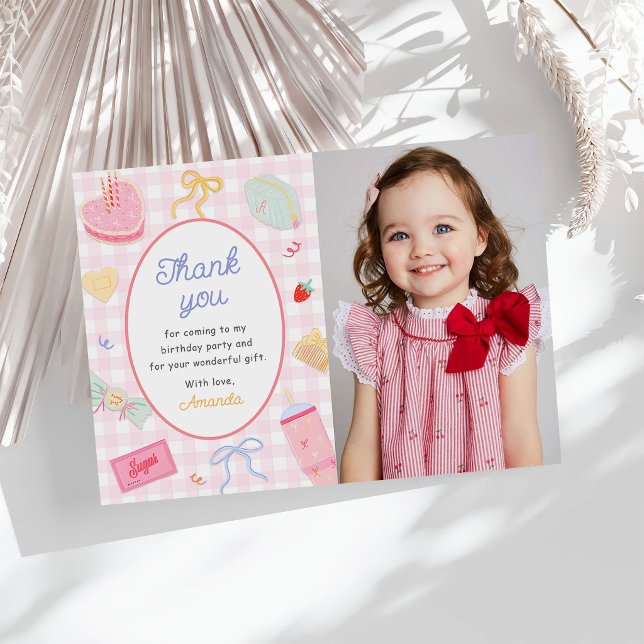Carte De Remerciements Pastel Hand Drawn Pretty Girl Birthday Party Photo (Créateur téléchargé)