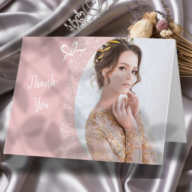 Carte de remerciements Pastel Parties scintillant  (This traditional folded thank you card for pageant titleholders features your photo and custom text)