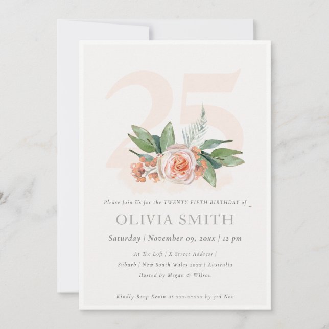Carte De Remerciements Pastel Peach Rose Floral Bunch 25 Anniversaire Inv (Devant)