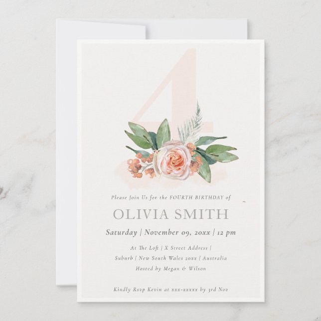 Carte De Remerciements Pastel Peach Rose Floral Bunch 4e Anniversaire Inv (Devant)