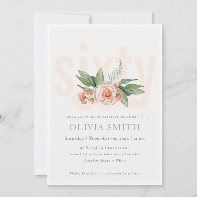 Carte De Remerciements Pastel Peach Rose Floral Bunch 60 Anniversaire Inv (Devant)
