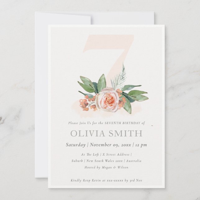 Carte De Remerciements Pastel Peach Rose Floral Bunch 7e Anniversaire Inv (Devant)