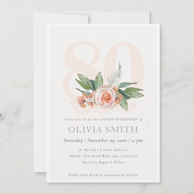 Carte De Remerciements Pastel Peach Rose Floral Bunch 80 Anniversaire Inv (Devant)