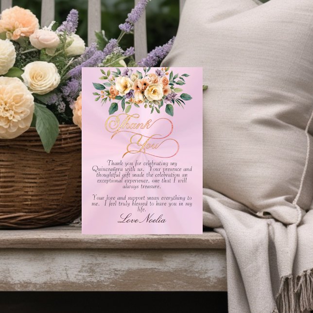Carte De Remerciements Pastel Pink - Floral & Silver Tiara Quinceanera (Créateur téléchargé)