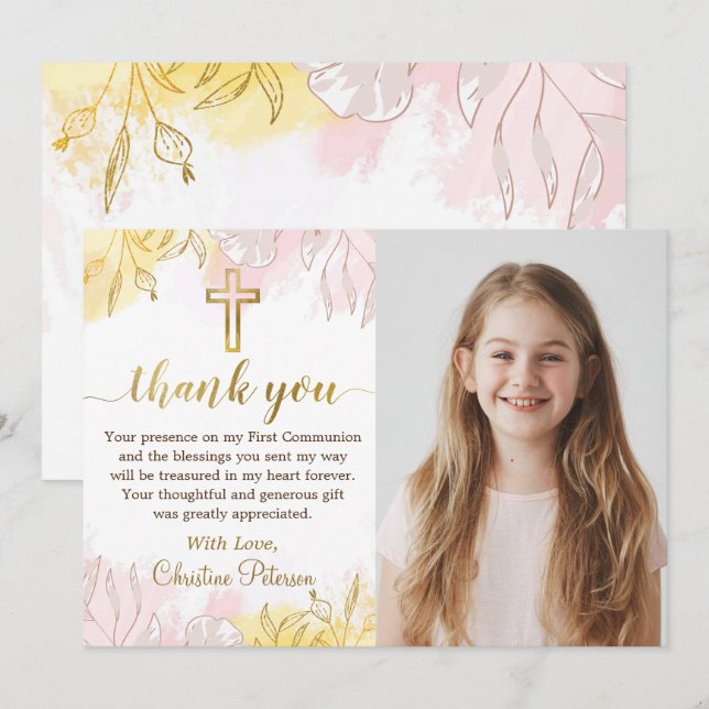 Carte De Remerciements Pastel Pink Gold Floral Première Communion Photo (Devant / Derrière)