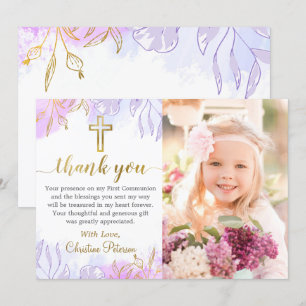 Carte De Remerciements Pastel Purple Gold Floral First Communal Photo