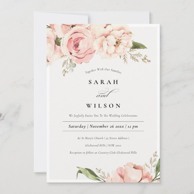 Carte De Remerciements Pastel Soft Blush Peach Peony Flora Mariage Invita (Devant)