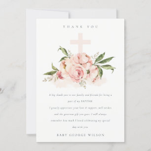 Carte De Remerciements Pastel Soft Peach Peony Floral Cross Bunch Baptême