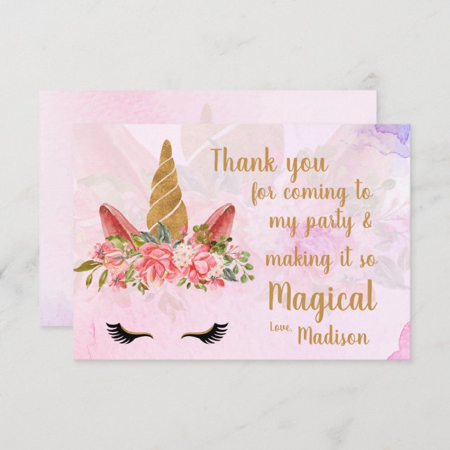 Carte De Remerciements Pâte Rose Joliment Fleur Licorne Anniversaire (Devant / Derrière)