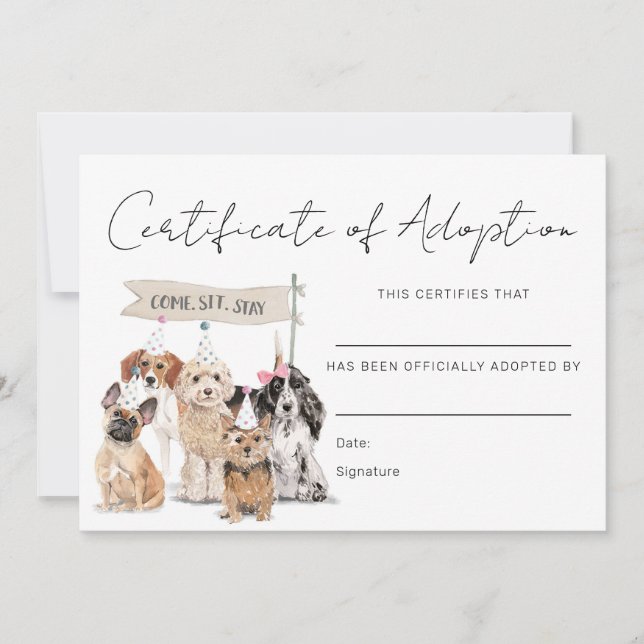 Carte De Remerciements Pawty Puppy Dog Adoption Certificate Card (Devant)