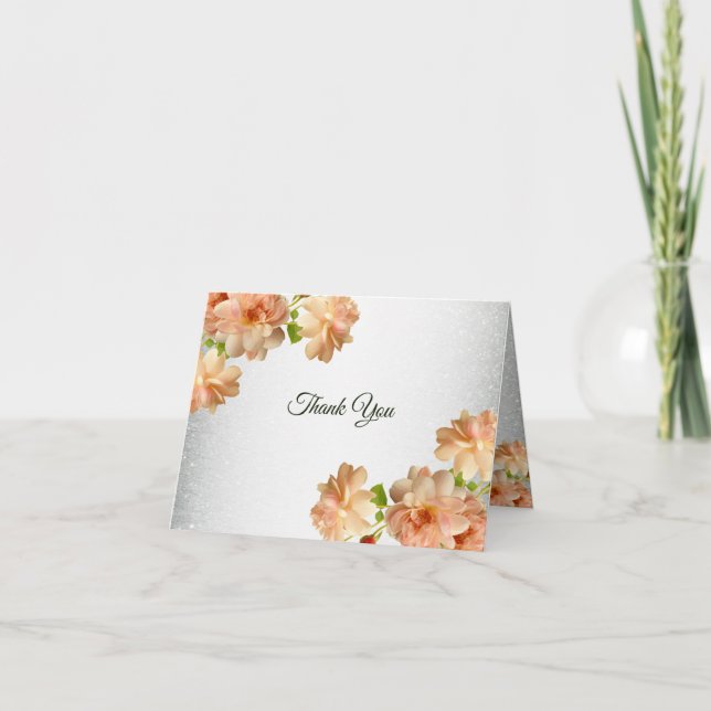 Carte De Remerciements Peach Floral Silver Glitter Modern Wedding Party (Devant)