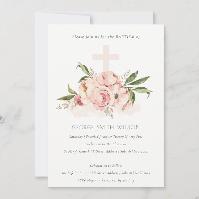 Carte De Remerciements Peach Peony Doux Floral Cross Bunch Baptism Invita (Devant)