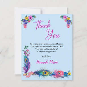 Carte De Remerciements Peacock Feathers & Fleurs Quinceañera Blue Flat