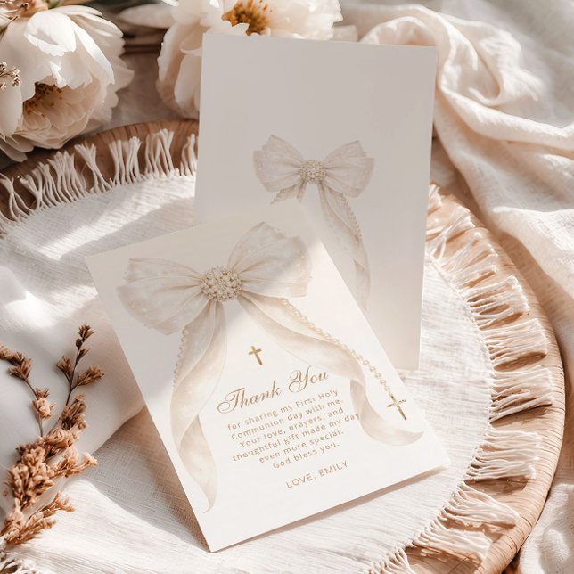 Carte De Remerciements Pearls Gold Bow Girl Baptism Religious (Créateur téléchargé)