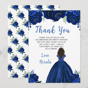Carte De Remerciements Peau foncée Princess Navy Sweet sixteen floral ble