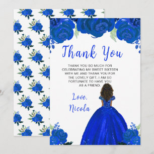Carte De Remerciements Peau foncée Princesse Sweet sixteen Floral bleu