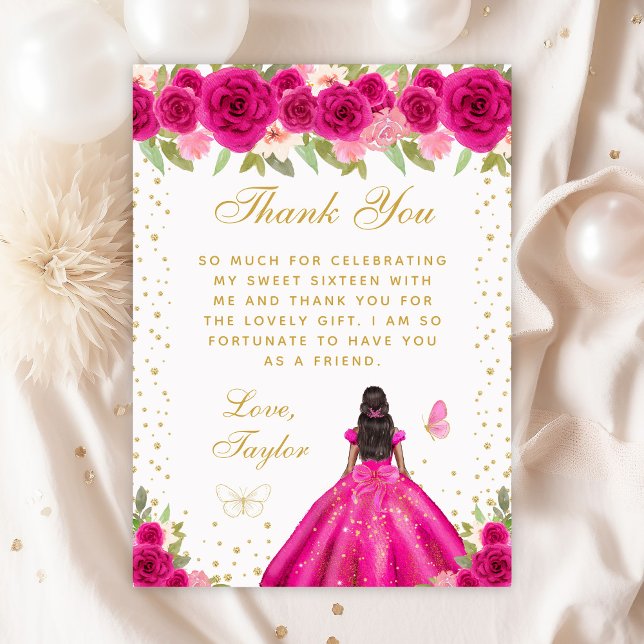 Carte De Remerciements Peau noire rose chaude princesse Sweet sixteen (Créateur téléchargé)