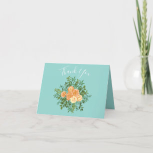 Carte De Remerciements Pêche Aqua Turquoise Mariage Roses Floral
