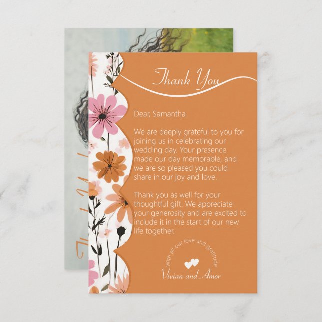 Carte De Remerciements Pêche floral arder et Mariage orange brûlé (Devant / Derrière)