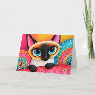 Carte De Remerciements Peinture de chat siamois rose et orange Cute Peek