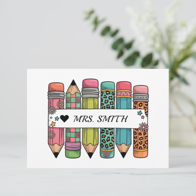 Carte De Remerciements Pencil Teacher Name Thank You Card (Debout devant)