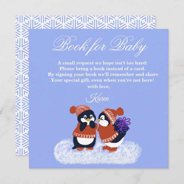 Carte De Remerciements Penguin Winter Snow Birthday Baby Shower Book  (Devant / Derrière)