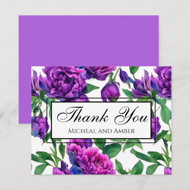 Carte De Remerciements Peonées d'aquarelle romantique violet magenta rose (Devant / Derrière)