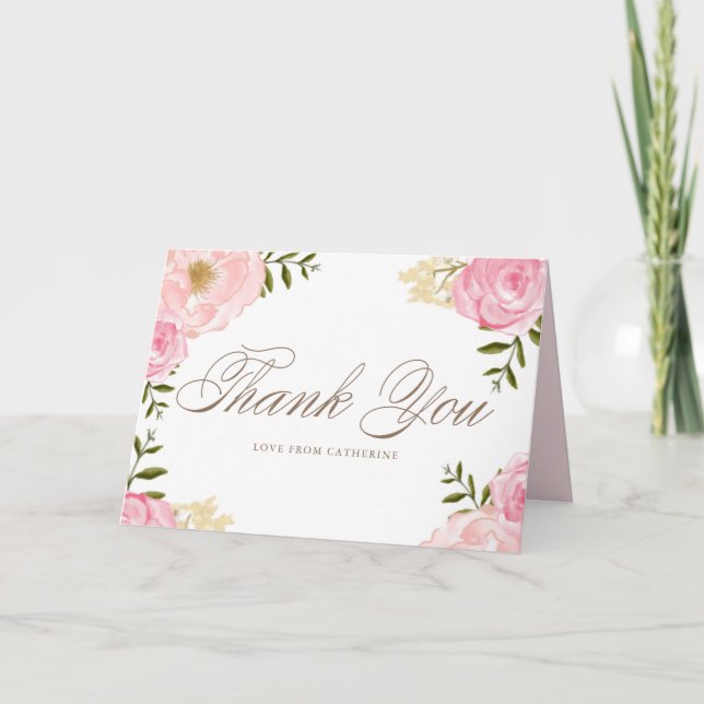 Carte De Remerciements Peonées d'aquarelle rose romantique et Mariage Ros (Devant)