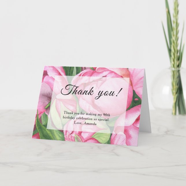 Carte De Remerciements Peonies Rose 90e fête d'anniversaire (Devant)