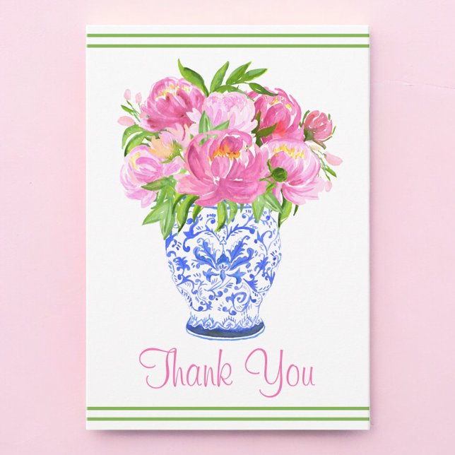 Carte De Remerciements Peonies roses Chinoiserie Vase Bordure (Créateur téléchargé)