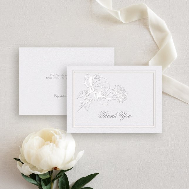 Carte De Remerciements Peony Ivory Formal Élégant Couple Note Mariage (peony wedding thank you formal modern classic traditional calligraphy double frame faux embossed)