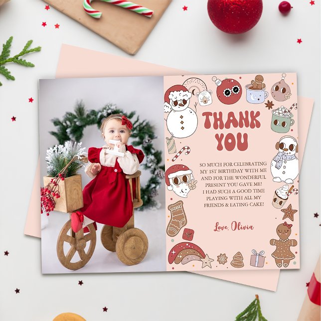 Carte De Remerciements Père Noël rose Super Noël Fille 1er anniversaire (Créateur téléchargé)