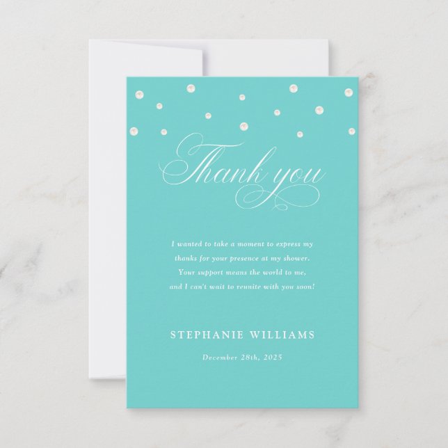 Carte De Remerciements Perles Blanches Réception de Mariage Turquoise (Devant)