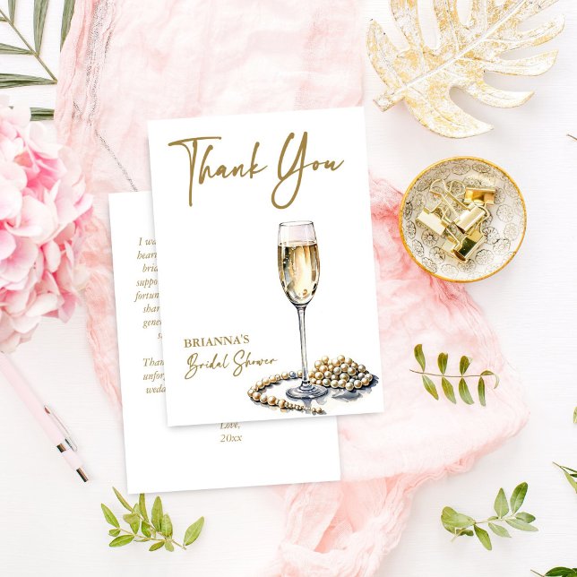 Carte De Remerciements Perles et la douche de mariée de prospect élégant  (Pearls and prosecco bridal shower elegant thank you cards watercolor champagne glass and pearls)