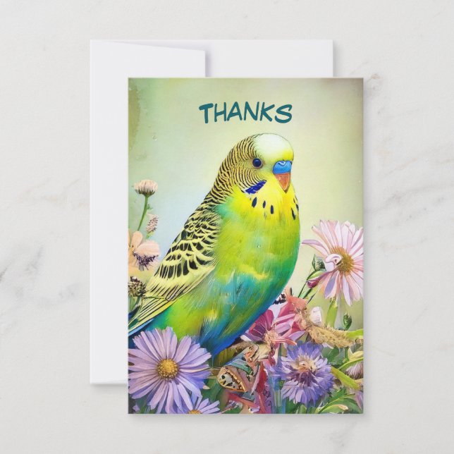 Carte De Remerciements Perruche et Fleur sauvage (Devant)
