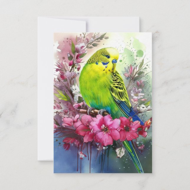 Carte De Remerciements Perruche verte et fleurs (Devant)