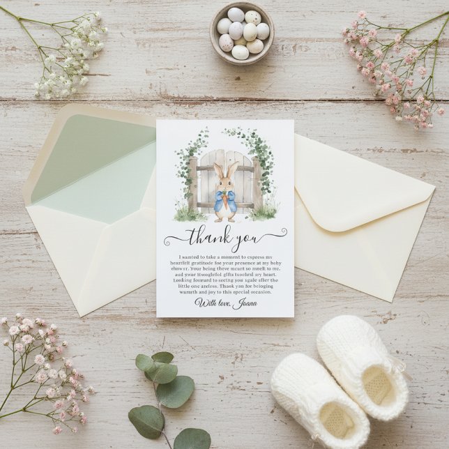 Carte De Remerciements Peter Rabbit Garden Gate Greenery Baby Shower  (Créateur téléchargé)