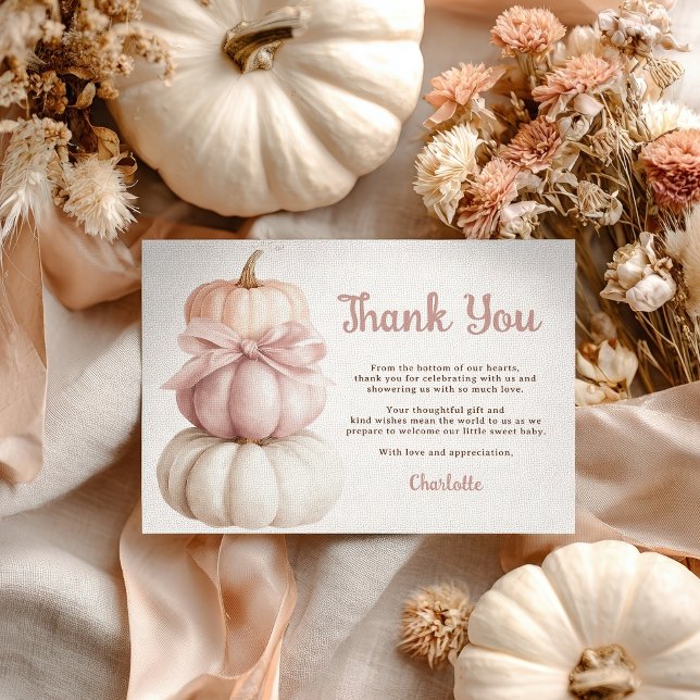 Carte De Remerciements Petit Baby shower Citrouille de fille de la cagoul (Pink Bow Little Pumpkin Girl Baby Shower Thank You Card)