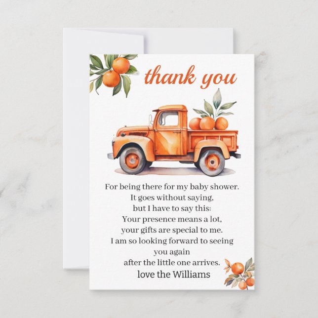 Carte De Remerciements petit baby shower d'agrumes de camion orange (Devant)