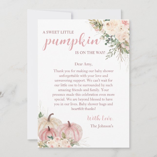Carte De Remerciements Petit Baby shower d'automne doux Citrouille (Devant)