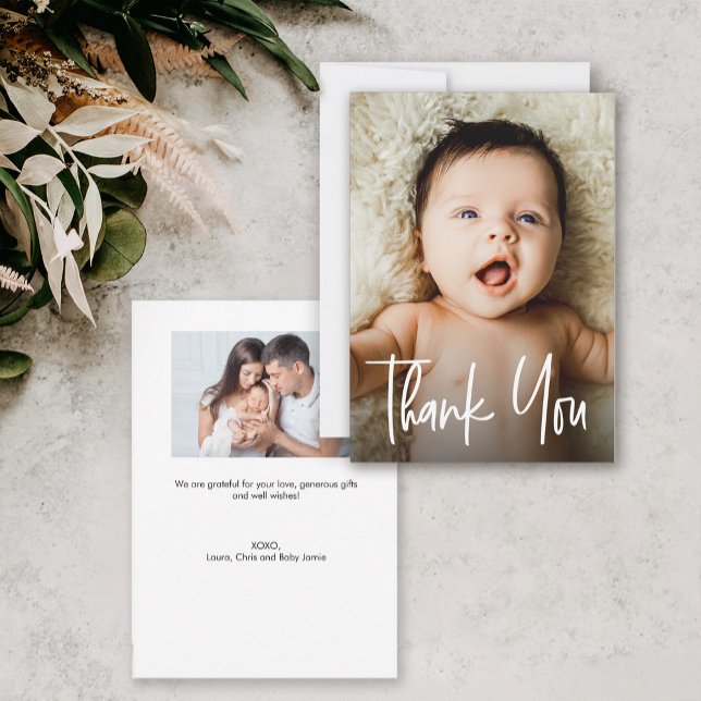 Carte De Remerciements Petit Baby shower de manutention moderne photo (two custom photos baby shower small thank you card.)