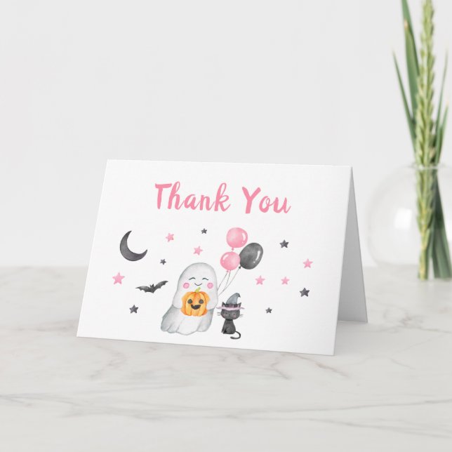 Carte De Remerciements Petit Baby shower d'Halloween rose Boo (Devant)
