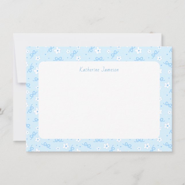 Carte De Remerciements Petit Blue Whimsical Bows Daisy Monogram Notecard (Devant)