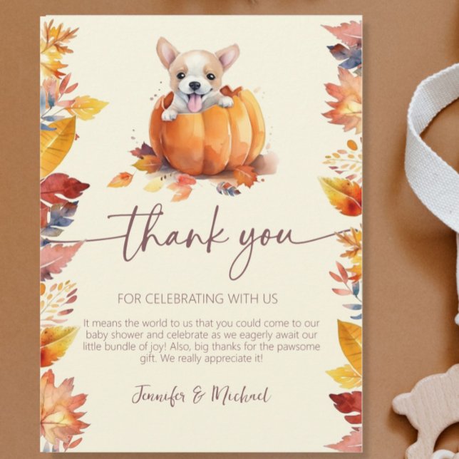 Carte De Remerciements Petit Chiot Citrouille Chute dans Baby shower d'am (Fall Baby Shower Pumpkin Puppy Foliage Flat Thank You Card)