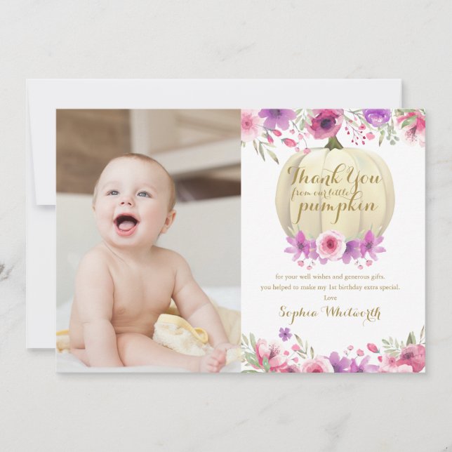 Carte De Remerciements Petit Citrouille Floral 1er Anniversaire Photo (Devant)
