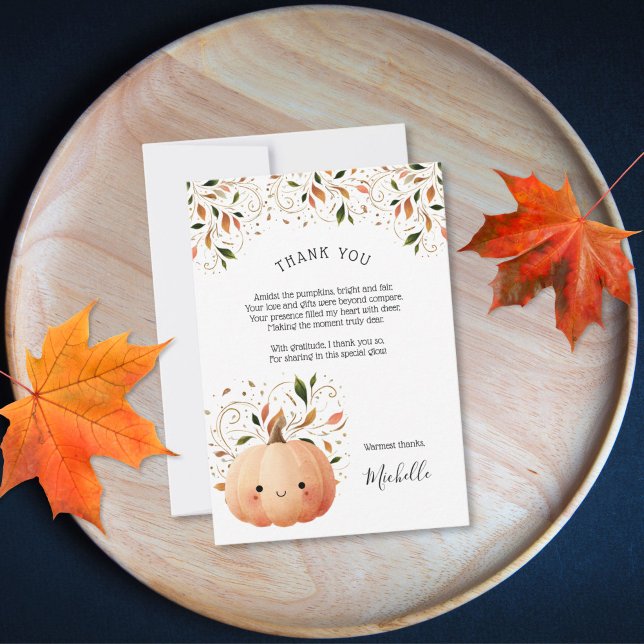 Carte De Remerciements Petit Citrouille mignon sur le chemin Baby shower  (cute watercolor little pumpkin baby shower
)