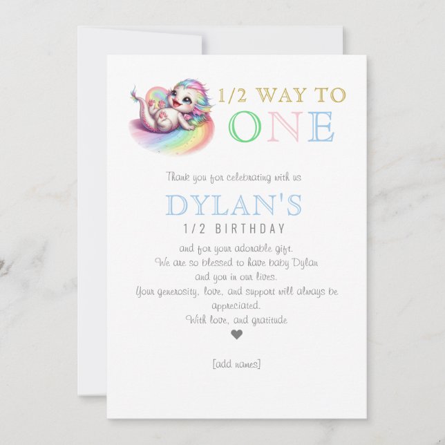 Carte De Remerciements Petit Dragon à mi-chemin d'un bleu 6 mois Annivers (Devant)