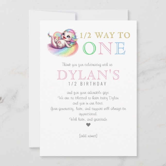 Carte De Remerciements Petit Dragon à mi-chemin d'un rose 6 mois Annivers (Devant)